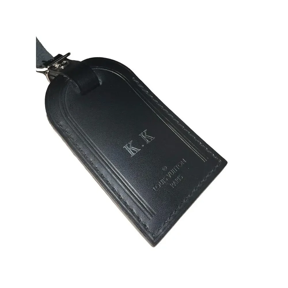 Louis Vuitton Paris Black Leather Name Tag Silver tone Metal w/ KK Stamped